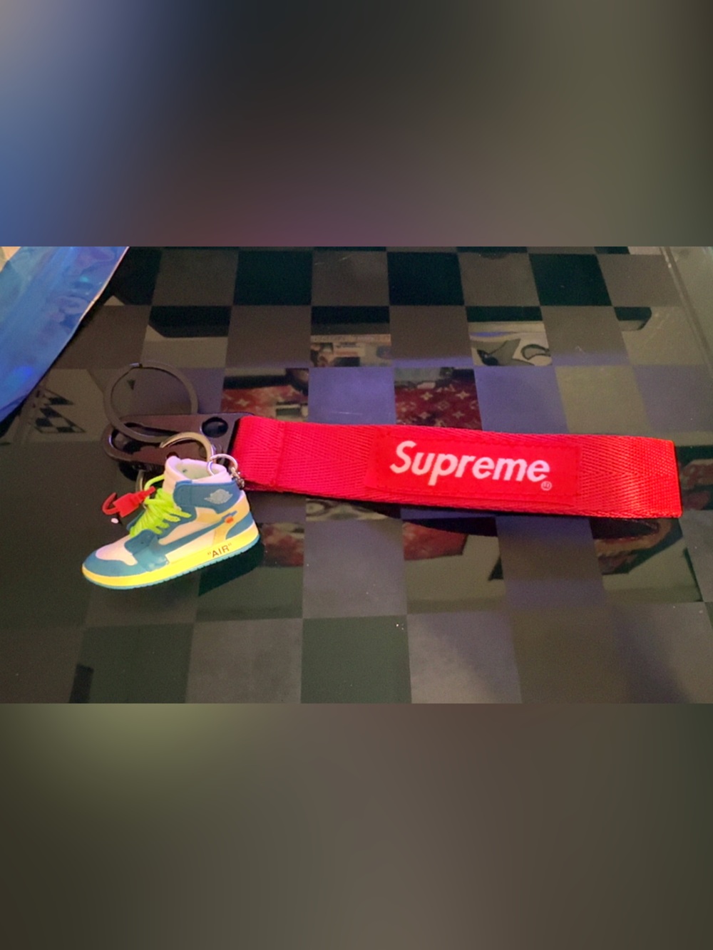 Supreme Red Strap Keychain with Nike Multicolor Sneaker Charm
